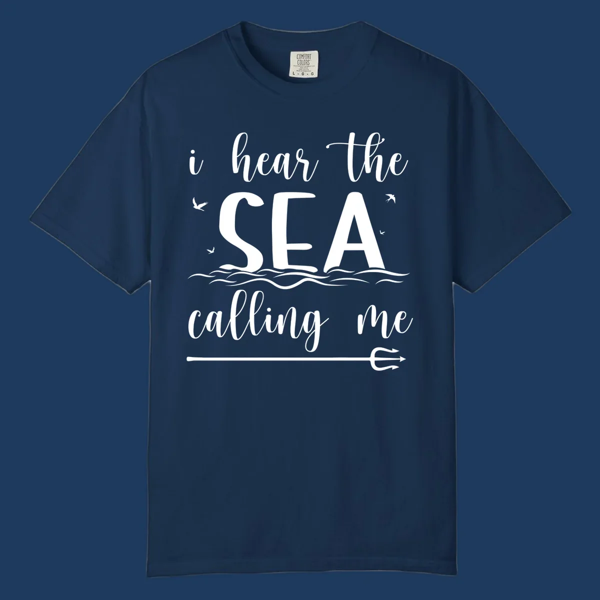 Sea-calling-cruise design with elegant script text 'I hear the sea calling me' surrounded by ocean waves, seagulls, and anchor illustration on gray background