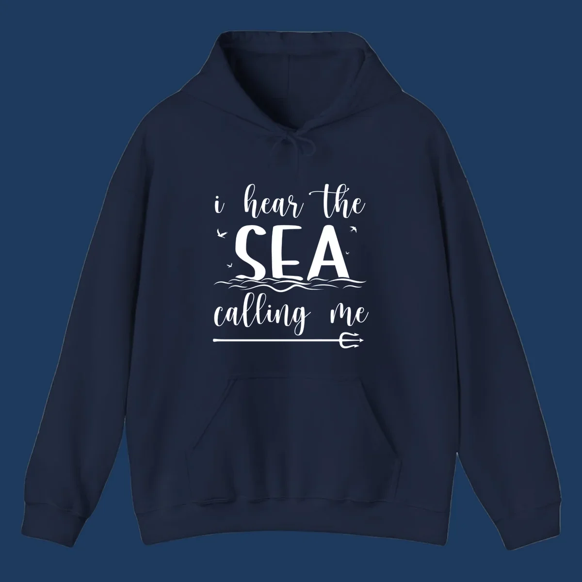 Sea-calling-cruise design with elegant script text 'I hear the sea calling me' surrounded by ocean waves, seagulls, and anchor illustration on gray background