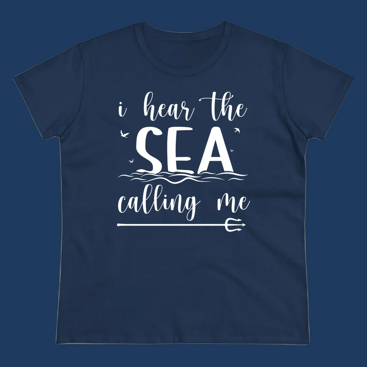 Sea-calling-cruise design with elegant script text 'I hear the sea calling me' surrounded by ocean waves, seagulls, and anchor illustration on gray background