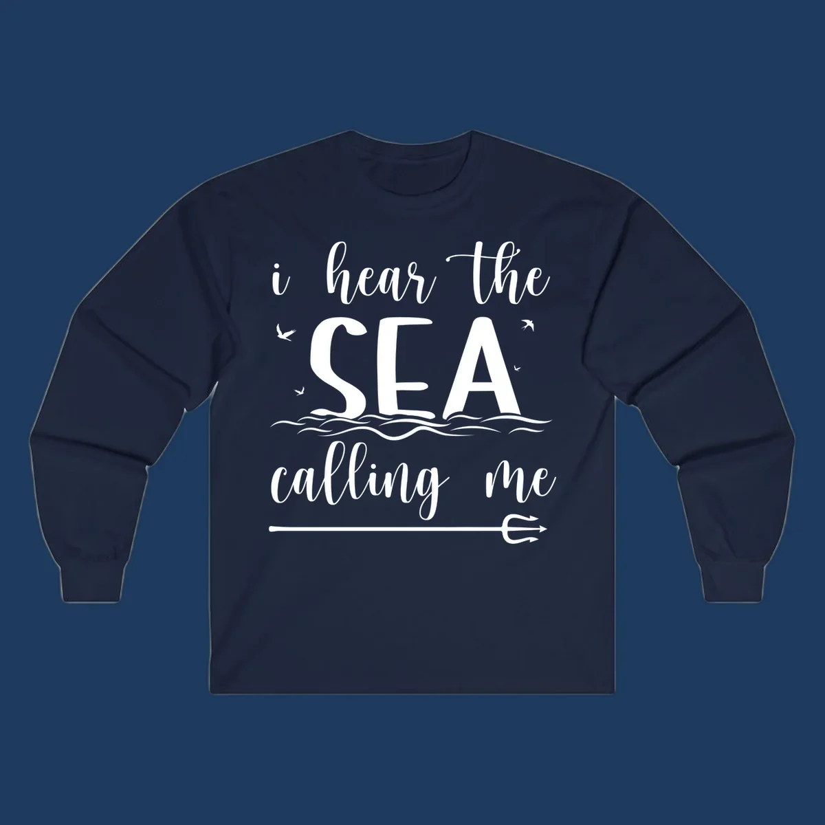 Sea-calling-cruise design with elegant script text 'I hear the sea calling me' surrounded by ocean waves, seagulls, and anchor illustration on gray background