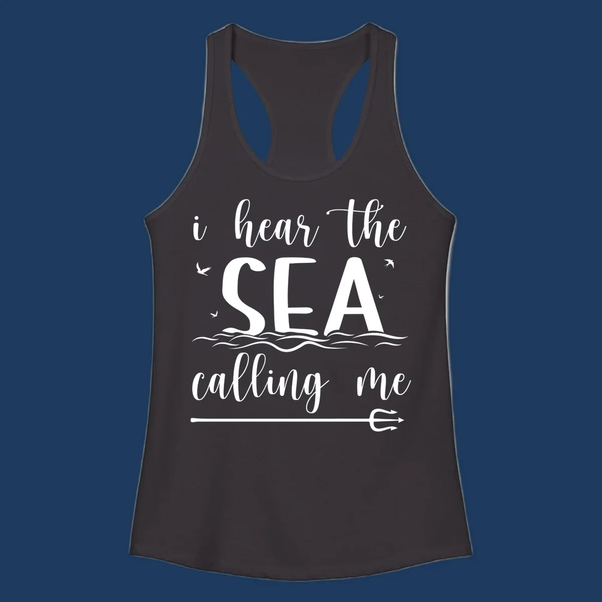 Sea-calling-cruise design with elegant script text 'I hear the sea calling me' surrounded by ocean waves, seagulls, and anchor illustration on gray background