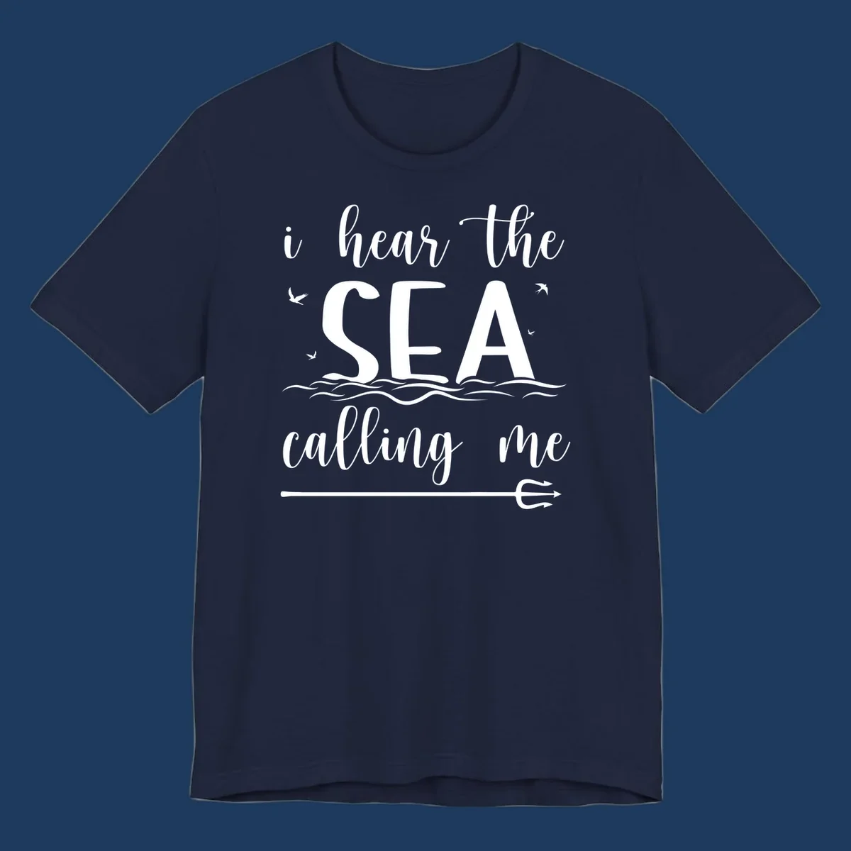 Sea-calling-cruise design with elegant script text 'I hear the sea calling me' surrounded by ocean waves, seagulls, and anchor illustration on gray background