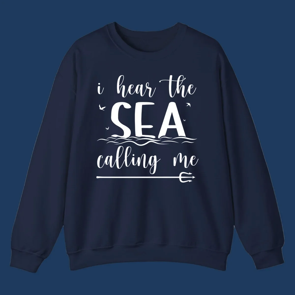 Sea-calling-cruise design with elegant script text 'I hear the sea calling me' surrounded by ocean waves, seagulls, and anchor illustration on gray background