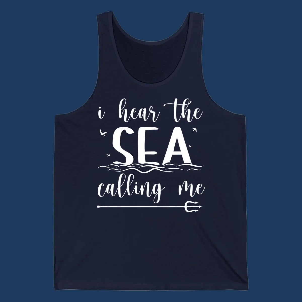 Sea-calling-cruise design with elegant script text 'I hear the sea calling me' surrounded by ocean waves, seagulls, and anchor illustration on gray background