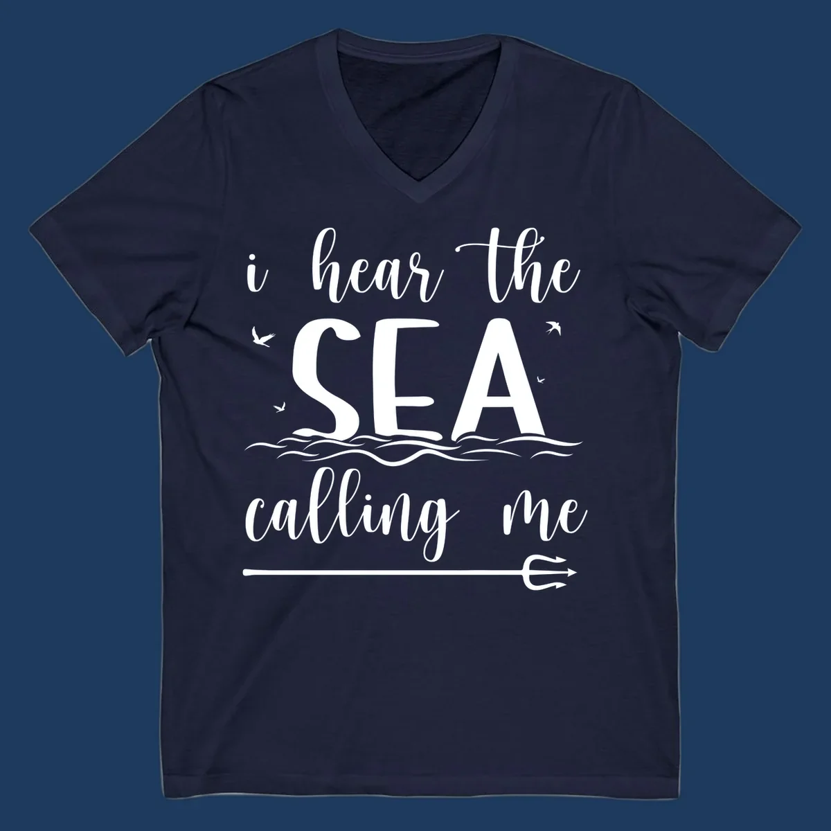 Sea-calling-cruise design with elegant script text 'I hear the sea calling me' surrounded by ocean waves, seagulls, and anchor illustration on gray background