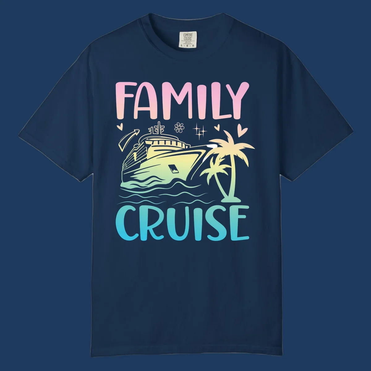 Family cruise vacation design with pink text, illustrated cruise ship, palm trees, ocean waves, and tropical decorative elements on gradient background.