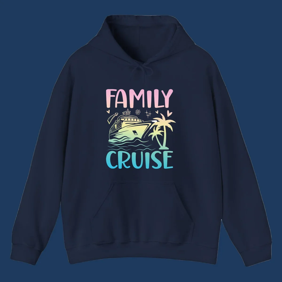 Family cruise vacation design with pink text, illustrated cruise ship, palm trees, ocean waves, and tropical decorative elements on gradient background.