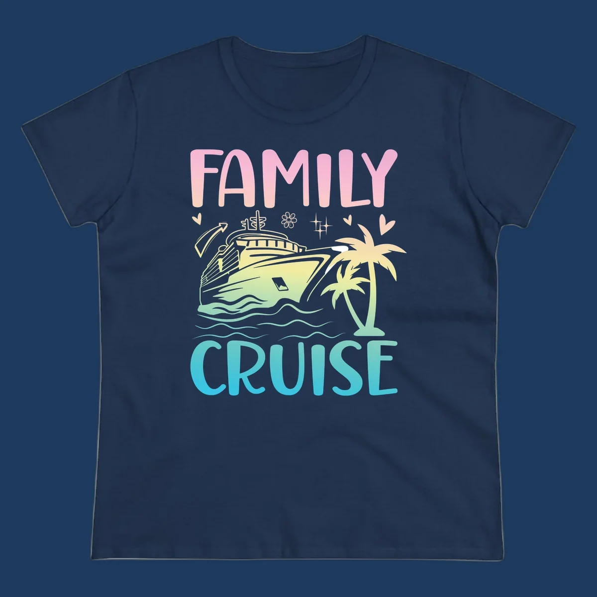 Family cruise vacation design with pink text, illustrated cruise ship, palm trees, ocean waves, and tropical decorative elements on gradient background.