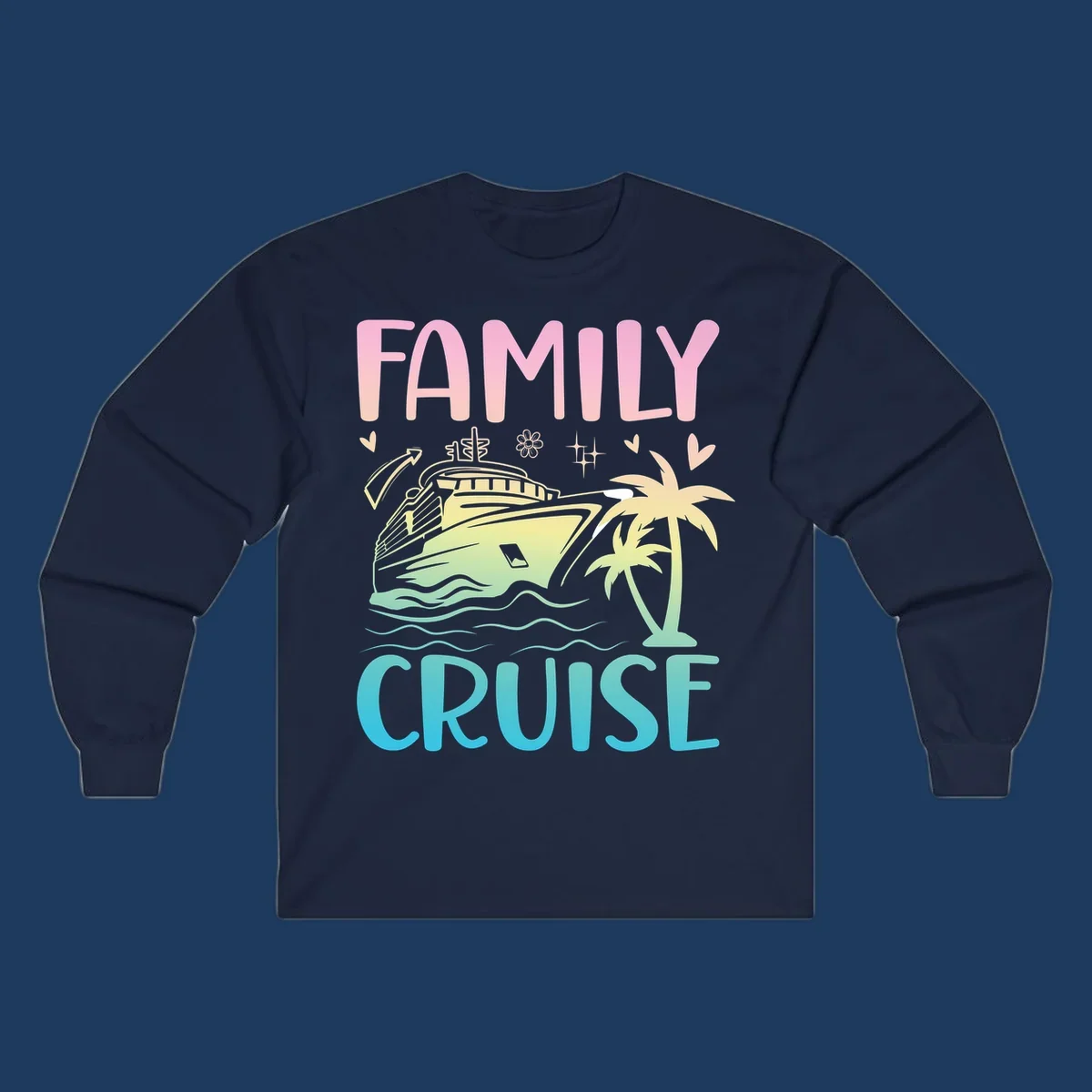 Family cruise vacation design with pink text, illustrated cruise ship, palm trees, ocean waves, and tropical decorative elements on gradient background.