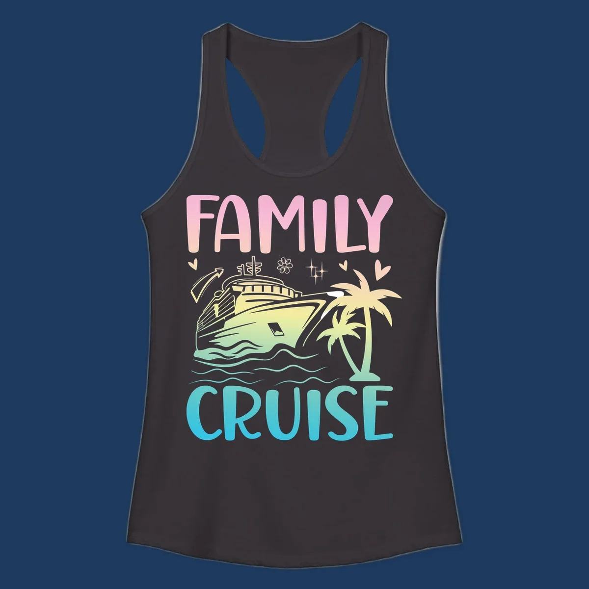 Family cruise vacation design with pink text, illustrated cruise ship, palm trees, ocean waves, and tropical decorative elements on gradient background.