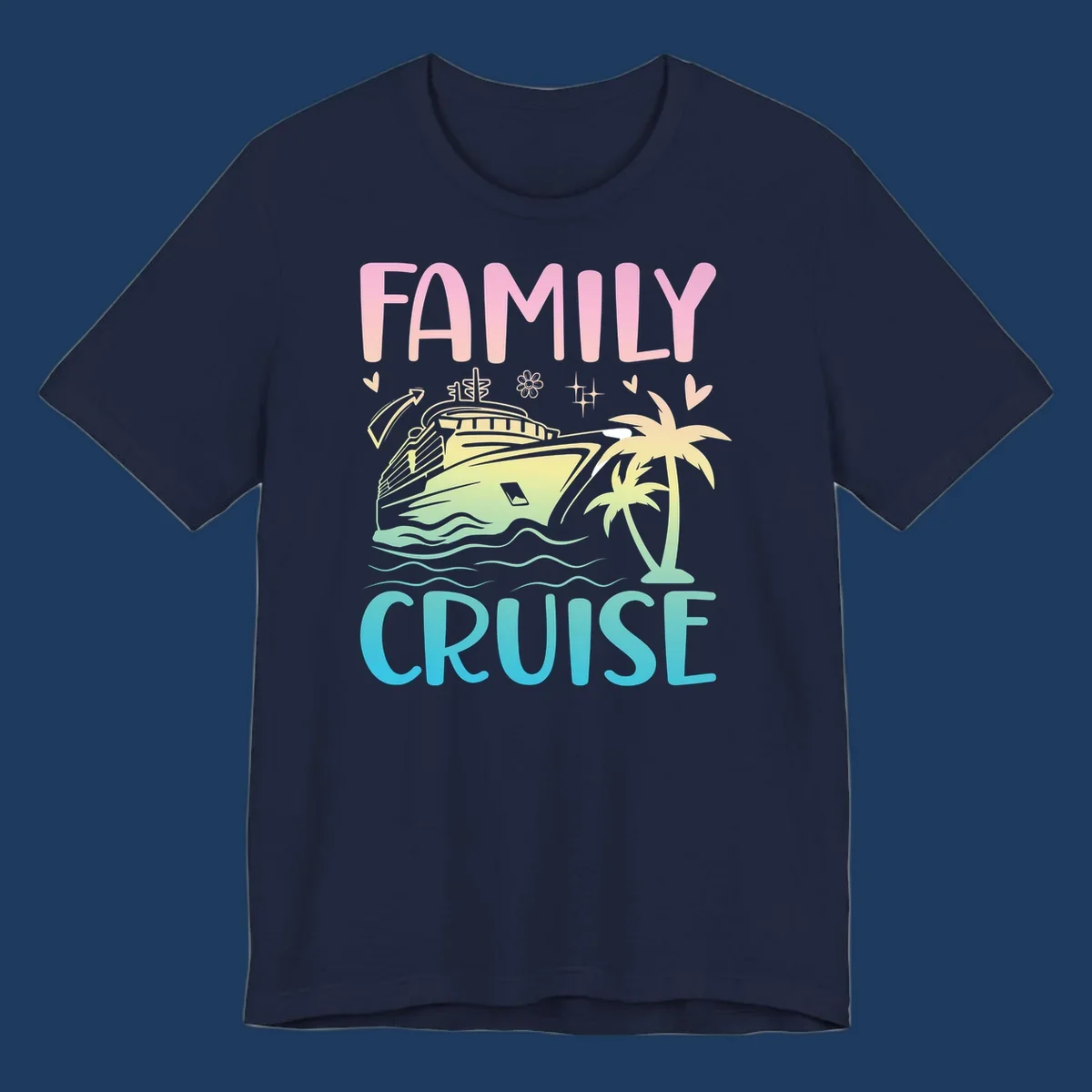 Family cruise vacation design with pink text, illustrated cruise ship, palm trees, ocean waves, and tropical decorative elements on gradient background.