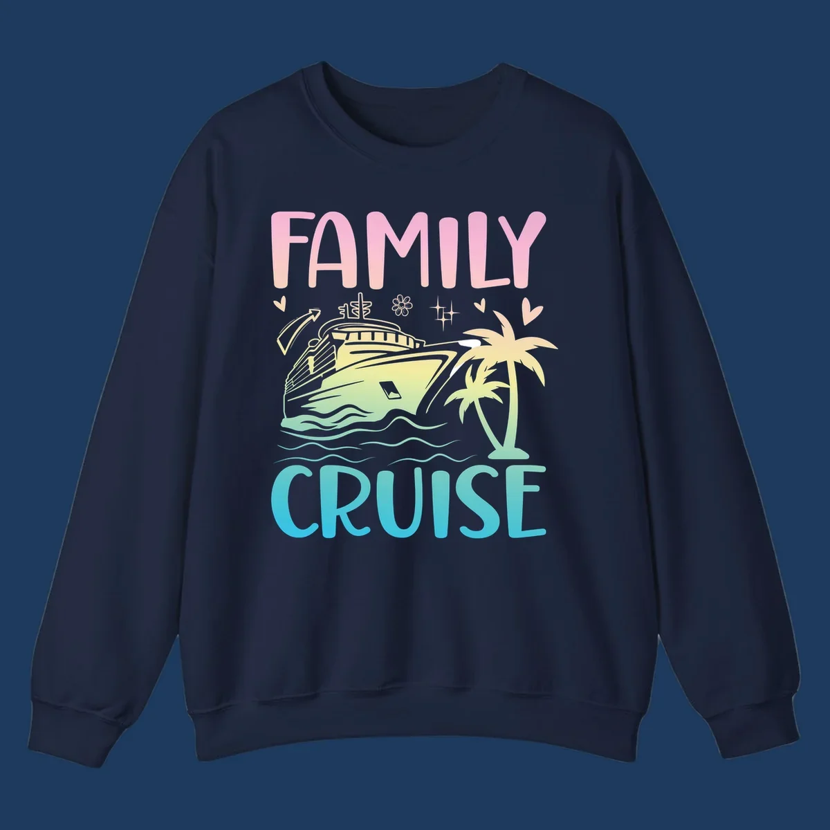 Family cruise vacation design with pink text, illustrated cruise ship, palm trees, ocean waves, and tropical decorative elements on gradient background.