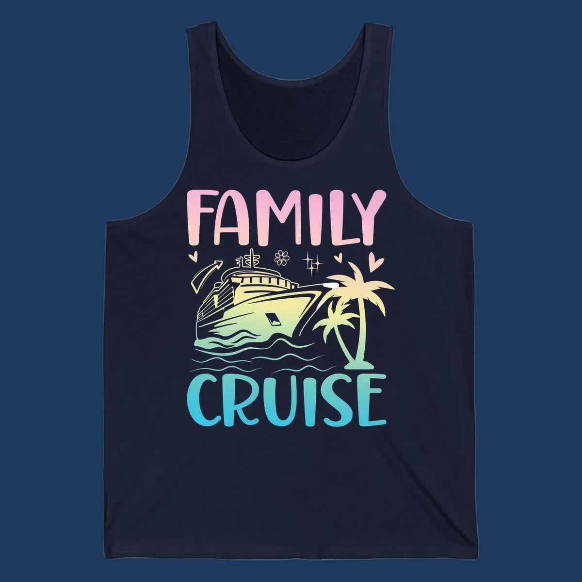 Family cruise vacation design with pink text, illustrated cruise ship, palm trees, ocean waves, and tropical decorative elements on gradient background.