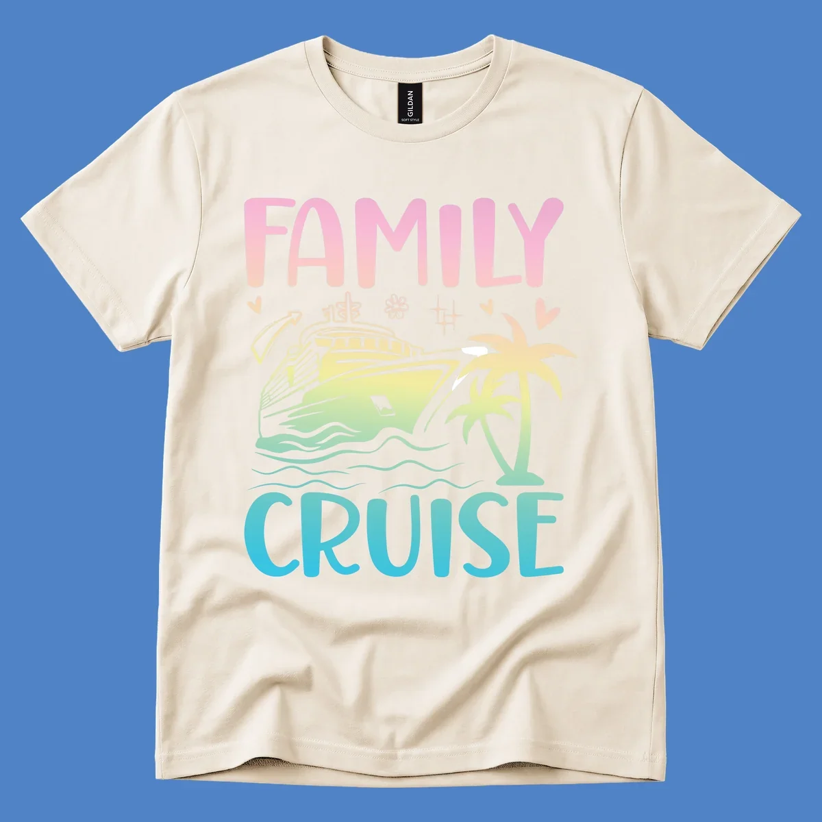 Family cruise vacation design with pink text, illustrated cruise ship, palm trees, ocean waves, and tropical decorative elements on gradient background.