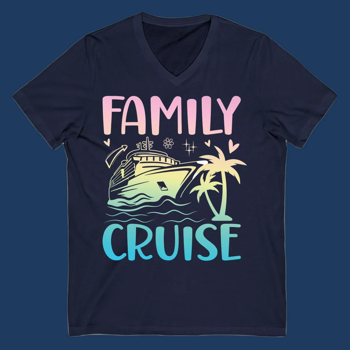 Family cruise vacation design with pink text, illustrated cruise ship, palm trees, ocean waves, and tropical decorative elements on gradient background.
