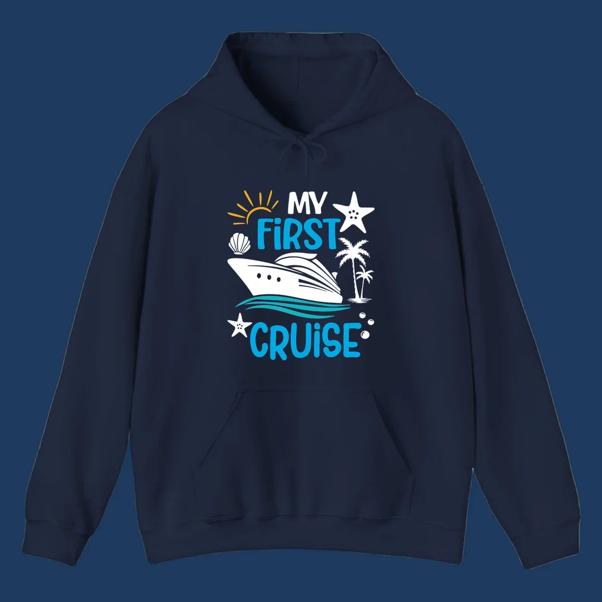 My First Cruise design with cruise ship, palm trees, starfish, and ocean waves on gray background