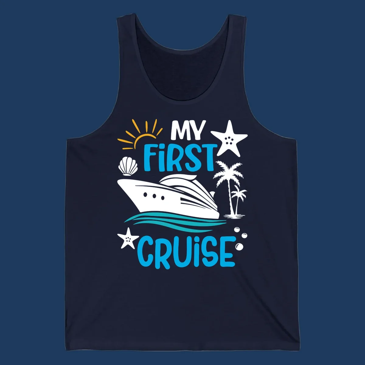 My First Cruise design with cruise ship, palm trees, starfish, and ocean waves on gray background