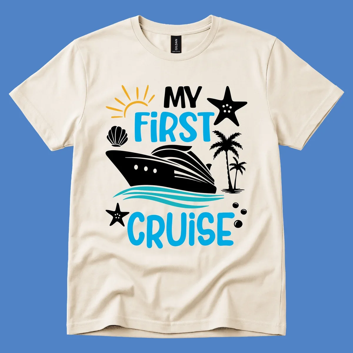 My First Cruise design with cruise ship, palm trees, starfish, and ocean waves on gray background