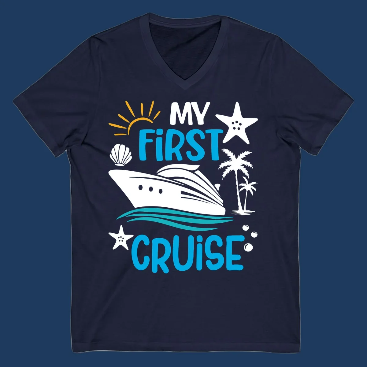 My First Cruise design with cruise ship, palm trees, starfish, and ocean waves on gray background