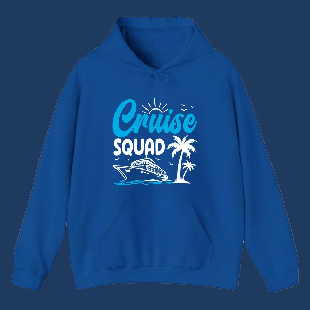 Cruise squad design with cyan lettering, cruise ship, palm trees, sun rays, and ocean waves on gray background