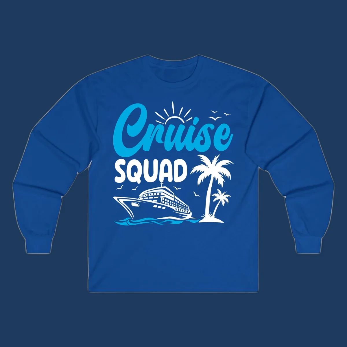 Cruise squad design with cyan lettering, cruise ship, palm trees, sun rays, and ocean waves on gray background