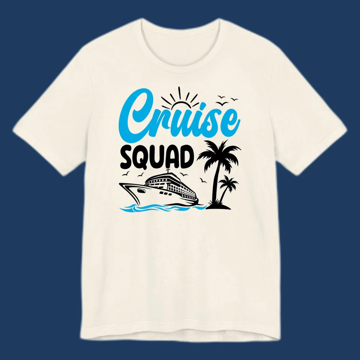 Cruise squad design with cyan lettering, cruise ship, palm trees, sun rays, and ocean waves on gray background
