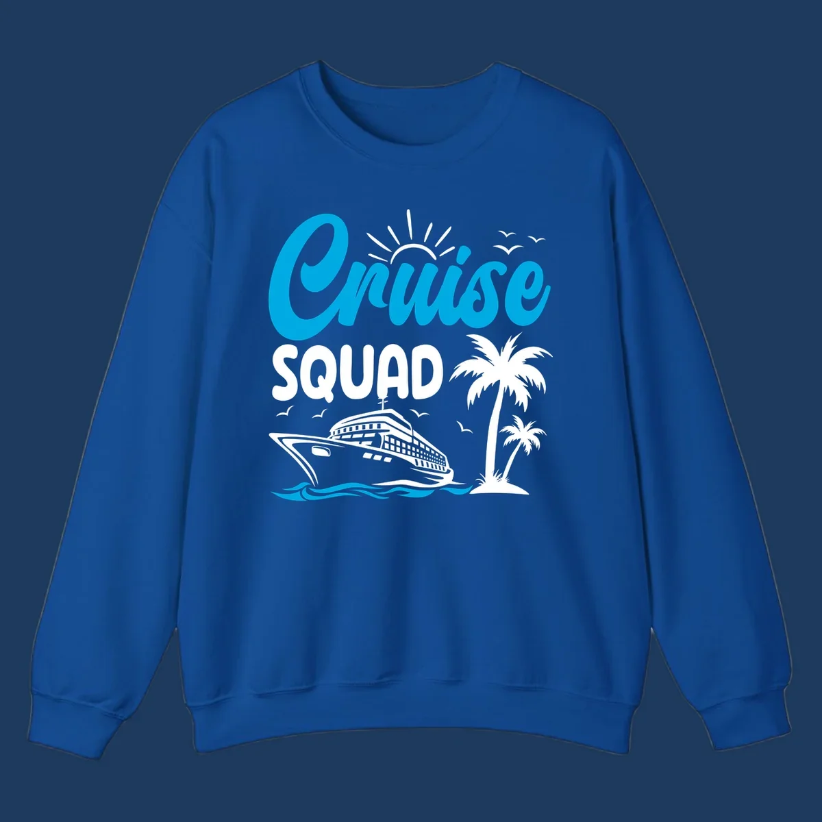 Cruise squad design with cyan lettering, cruise ship, palm trees, sun rays, and ocean waves on gray background