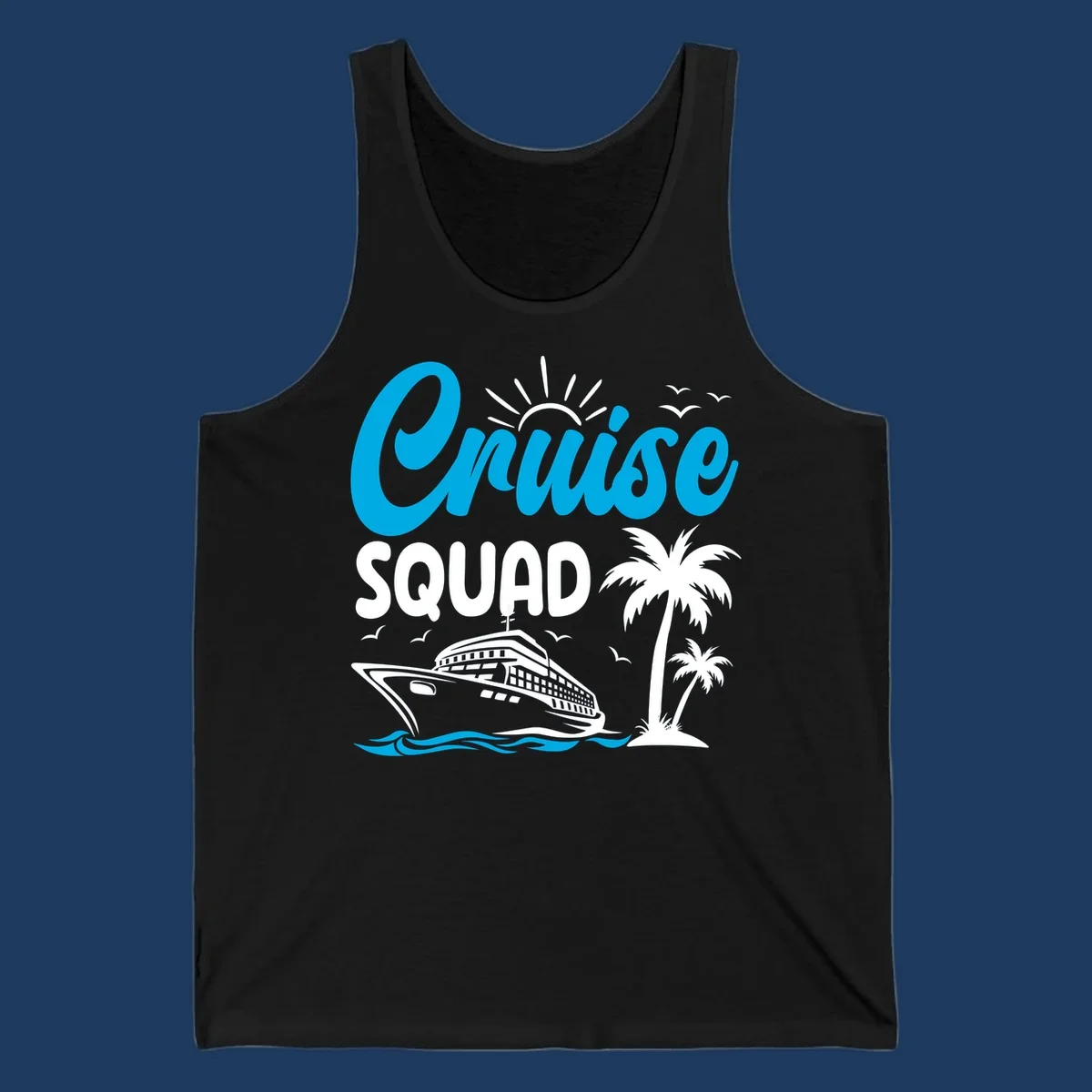 Cruise squad design with cyan lettering, cruise ship, palm trees, sun rays, and ocean waves on gray background