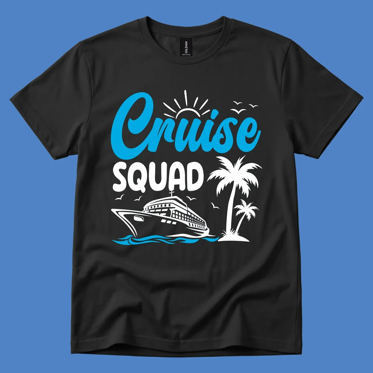 Cruise squad design with cyan lettering, cruise ship, palm trees, sun rays, and ocean waves on gray background
