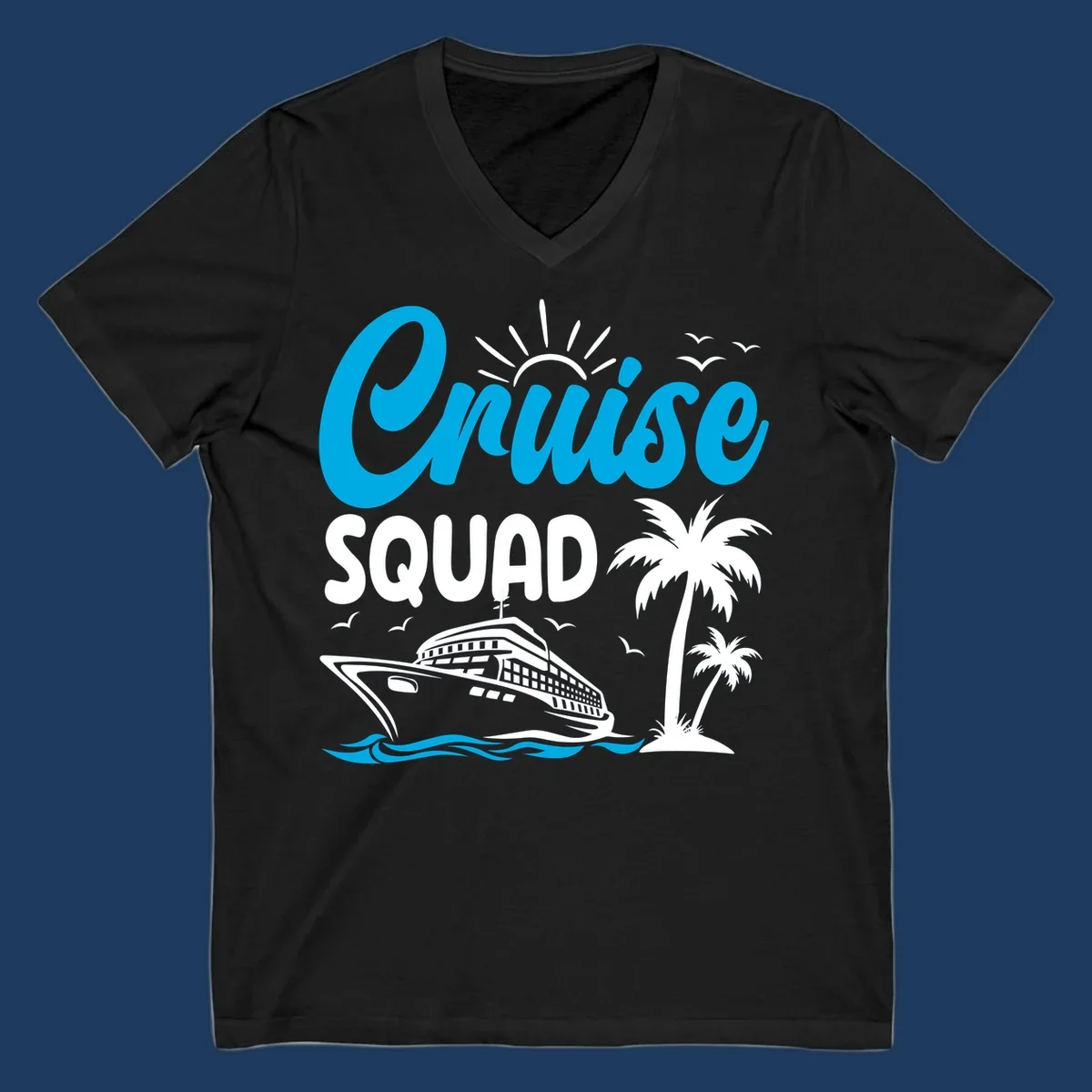 Cruise squad design with cyan lettering, cruise ship, palm trees, sun rays, and ocean waves on gray background