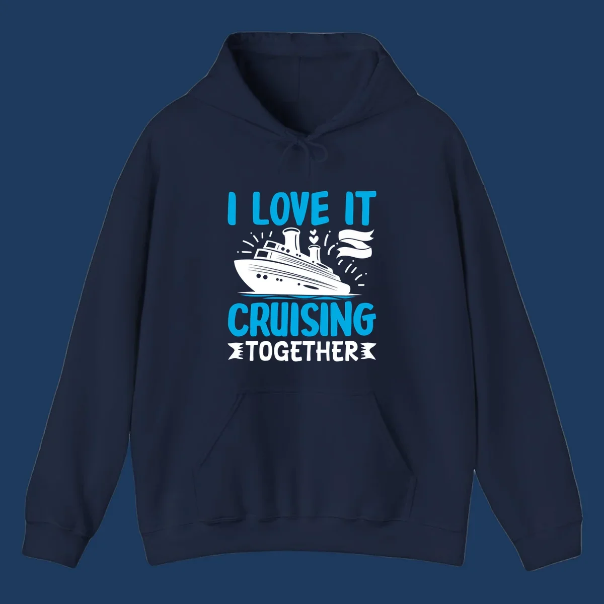 Illustration of a cruise ship with hearts and flags, text reads 'I Love It Cruising Together' in cyan and white on gray background