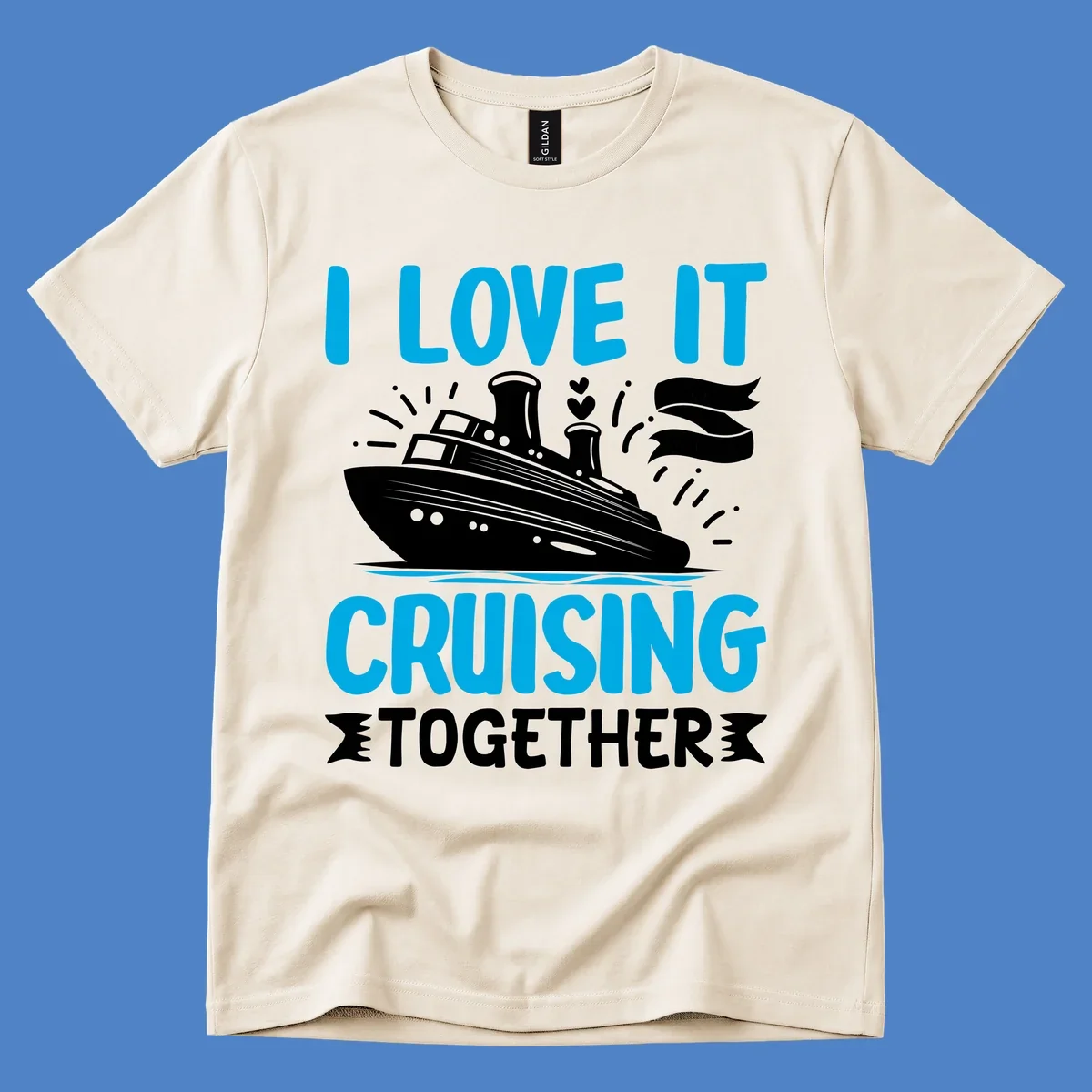Illustration of a cruise ship with hearts and flags, text reads 'I Love It Cruising Together' in cyan and white on gray background