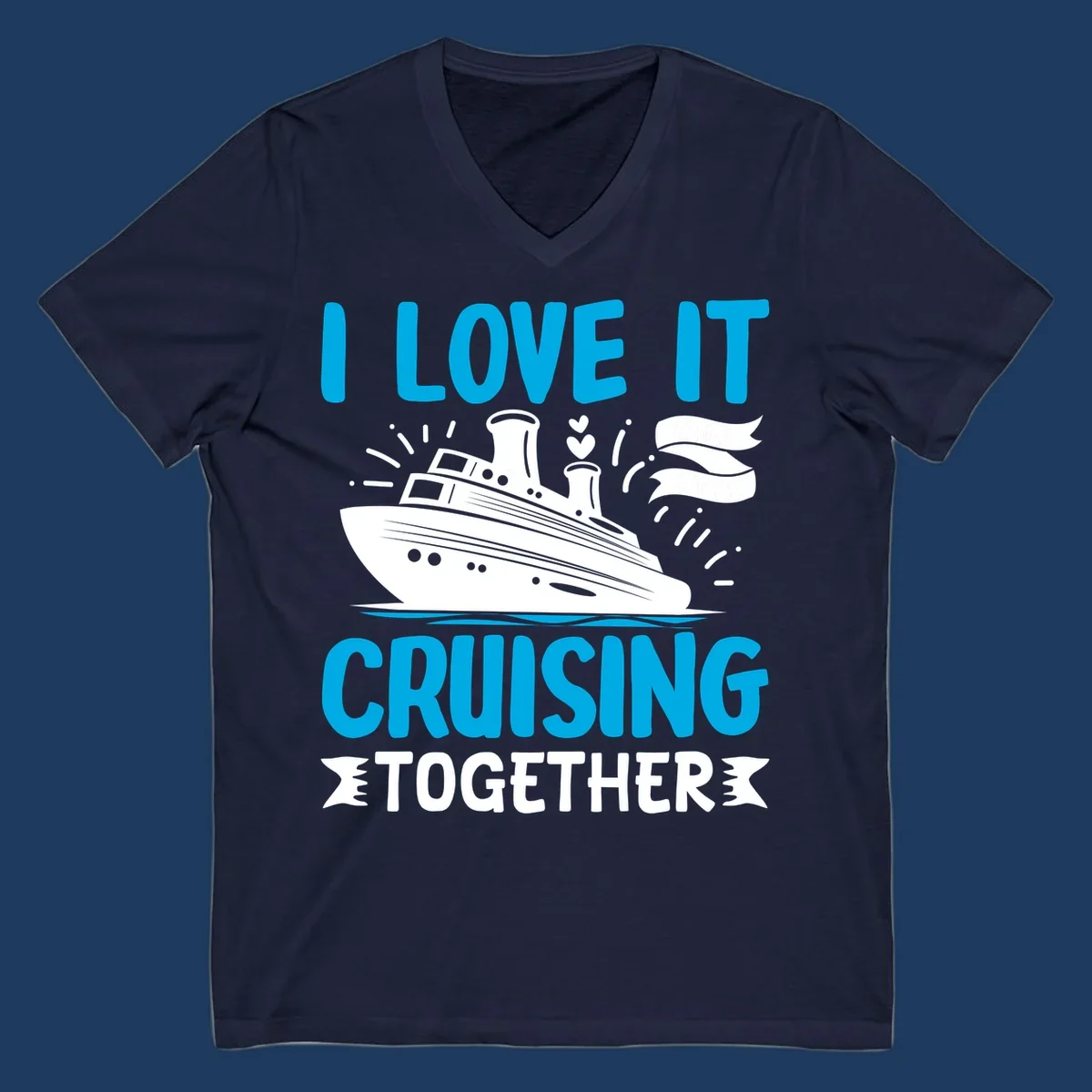 Illustration of a cruise ship with hearts and flags, text reads 'I Love It Cruising Together' in cyan and white on gray background