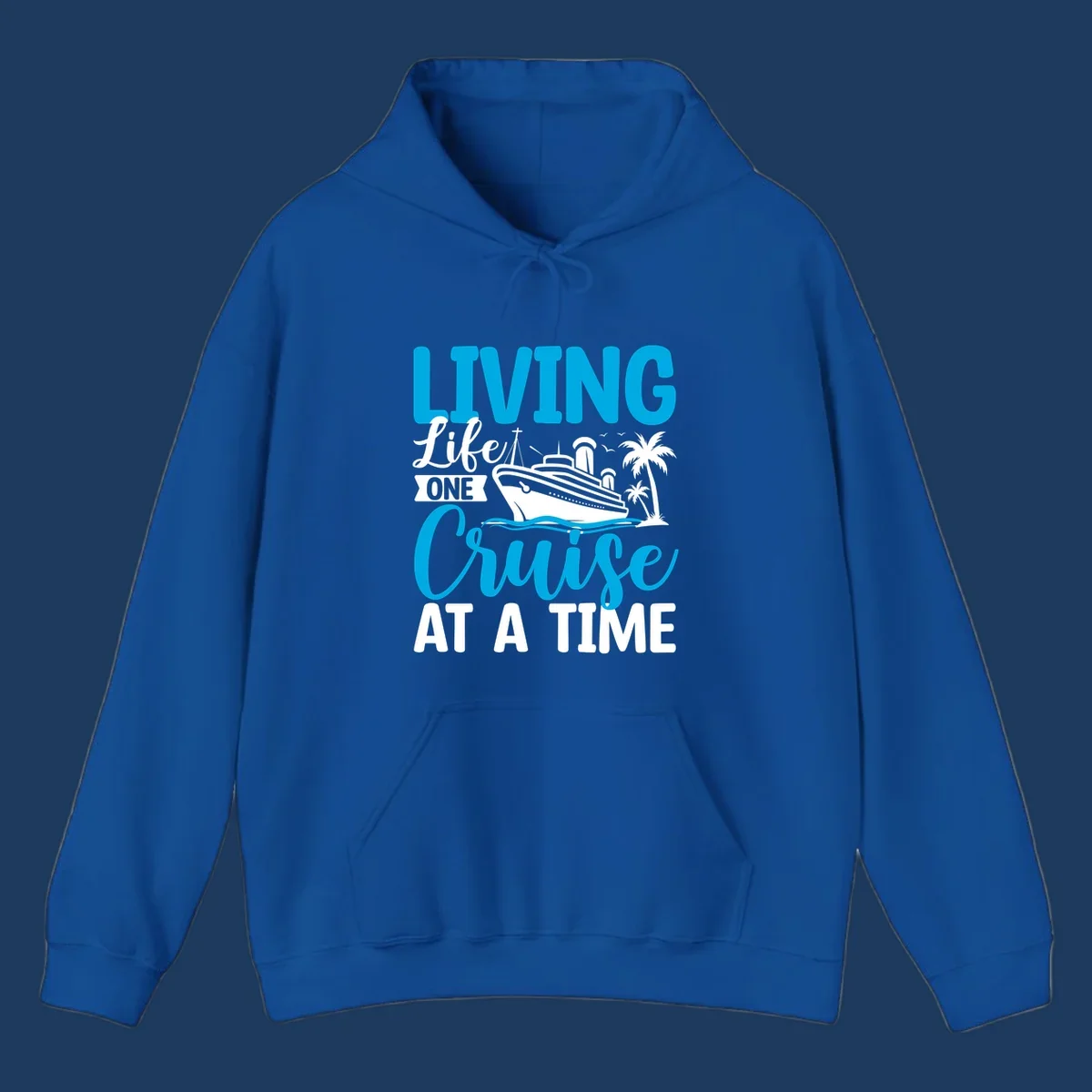 Cruise ship with palm trees and ocean waves design, text reads 'Living Life One Cruise At A Time' in cyan and white
