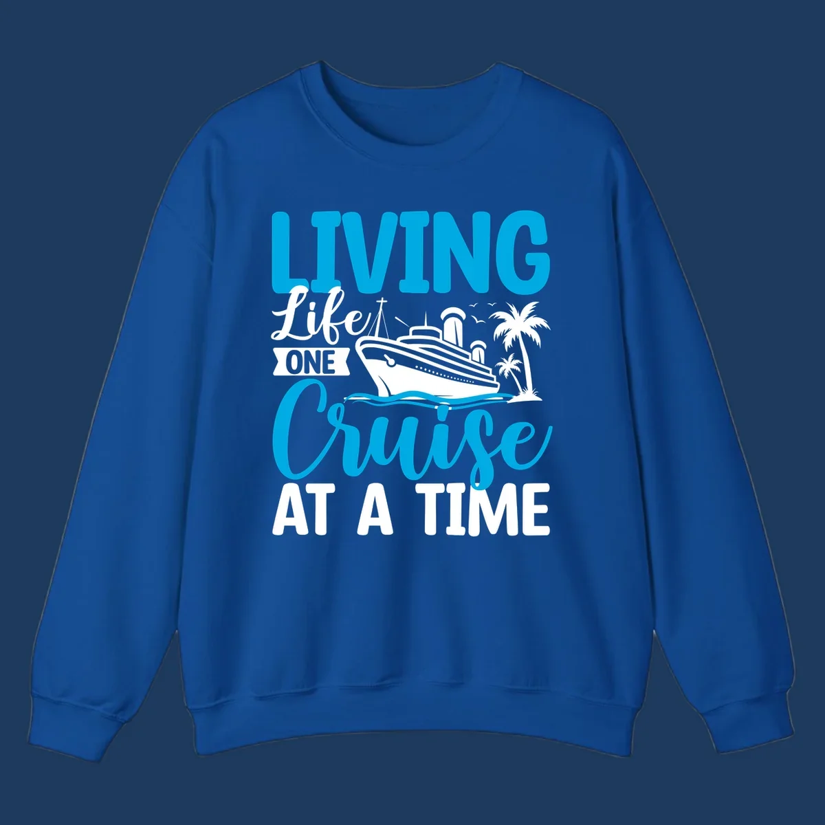 Cruise ship with palm trees and ocean waves design, text reads 'Living Life One Cruise At A Time' in cyan and white