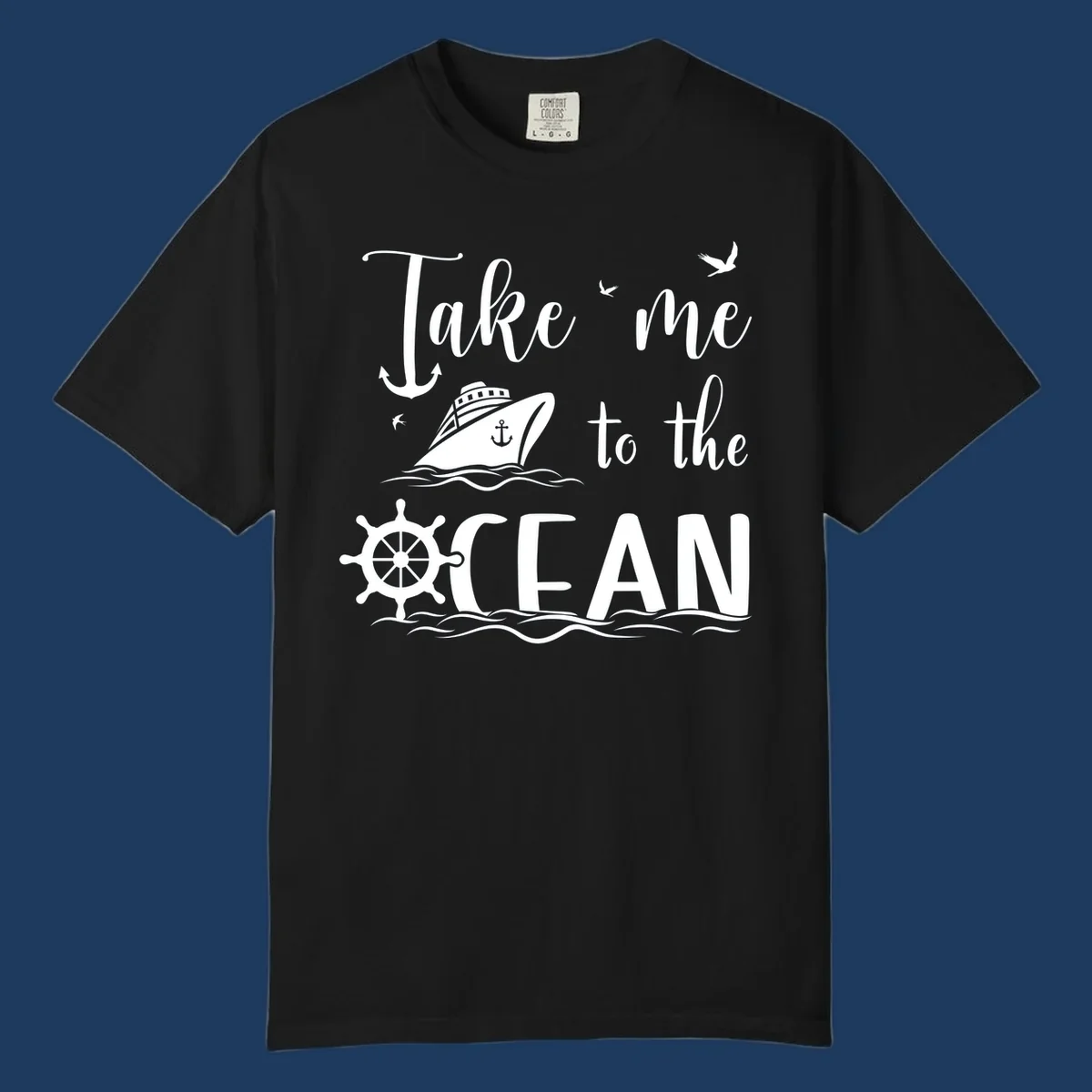 Take me to the ocean nautical design with cruise ship, anchor, ship wheel, and seagulls on gray background