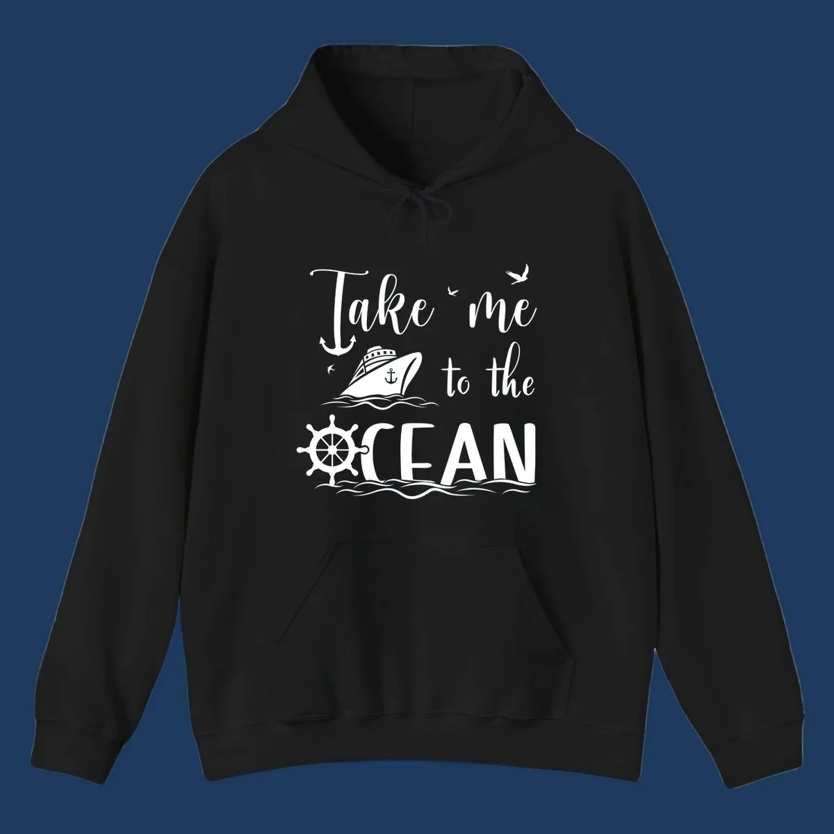 Take me to the ocean nautical design with cruise ship, anchor, ship wheel, and seagulls on gray background