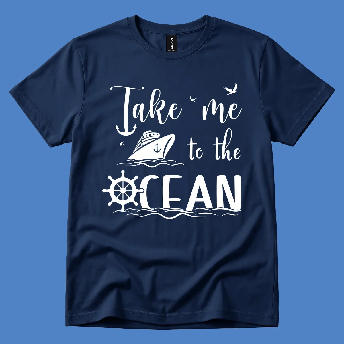 Take me to the ocean nautical design with cruise ship, anchor, ship wheel, and seagulls on gray background