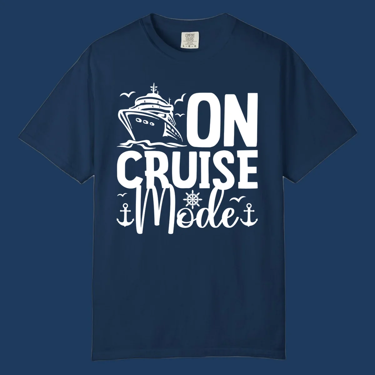 On cruise mode design featuring large text with cruise ship, waves, anchors, wheel, and seagulls in white nautical illustration