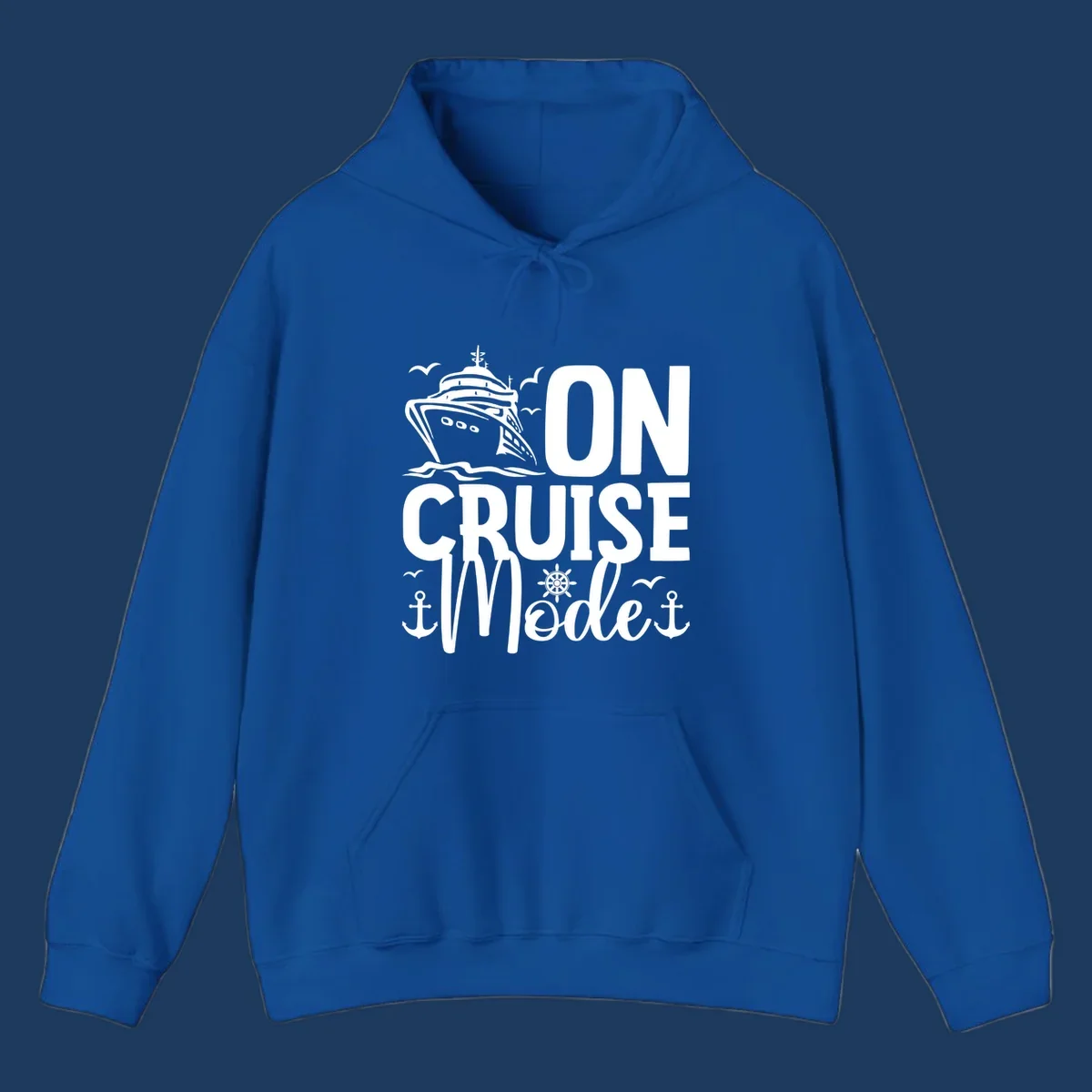 On cruise mode design featuring large text with cruise ship, waves, anchors, wheel, and seagulls in white nautical illustration