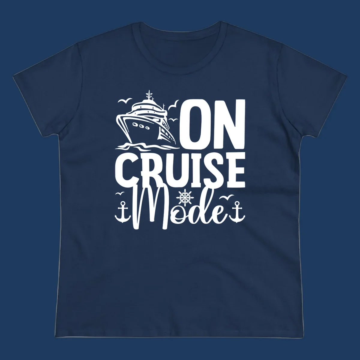 On cruise mode design featuring large text with cruise ship, waves, anchors, wheel, and seagulls in white nautical illustration