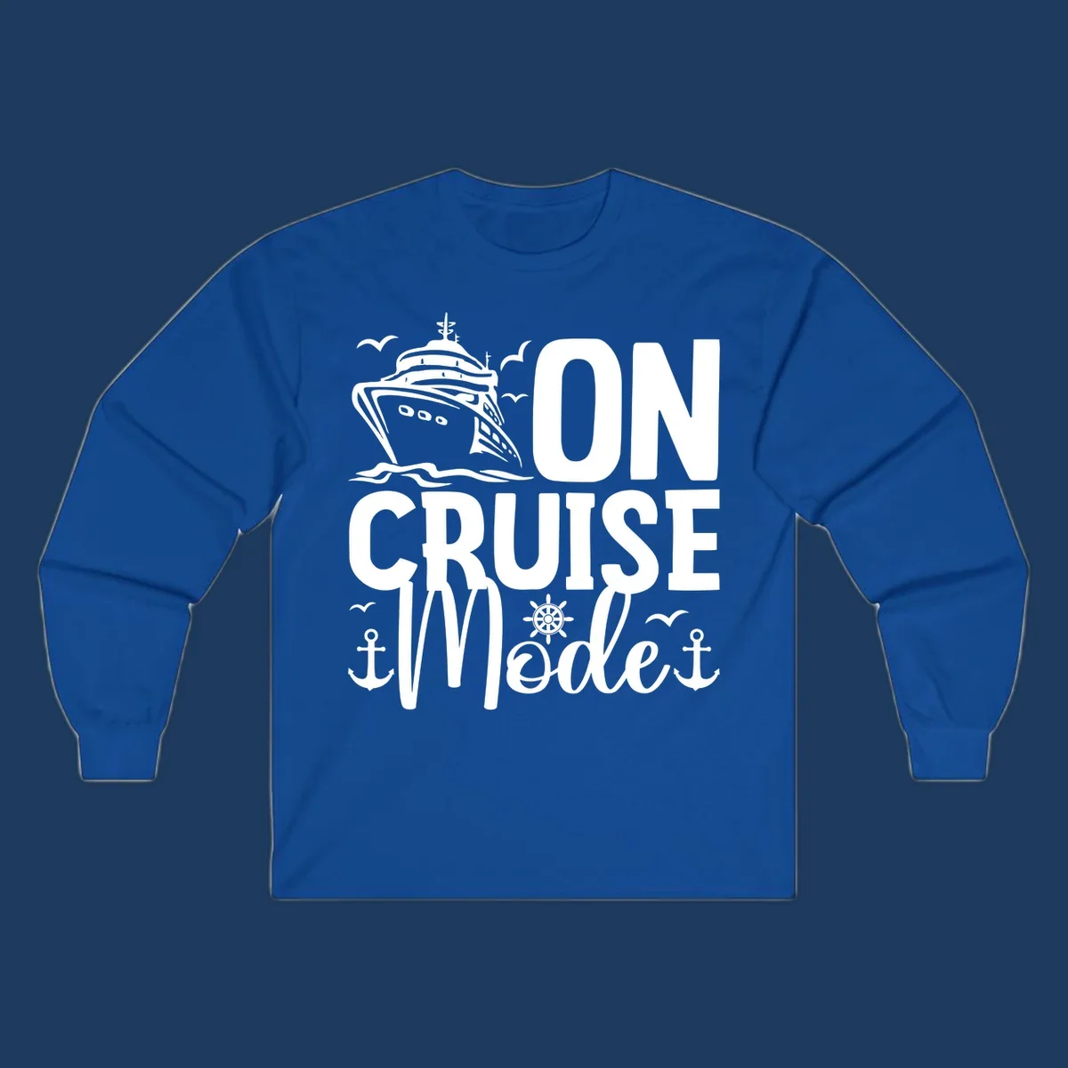 On cruise mode design featuring large text with cruise ship, waves, anchors, wheel, and seagulls in white nautical illustration