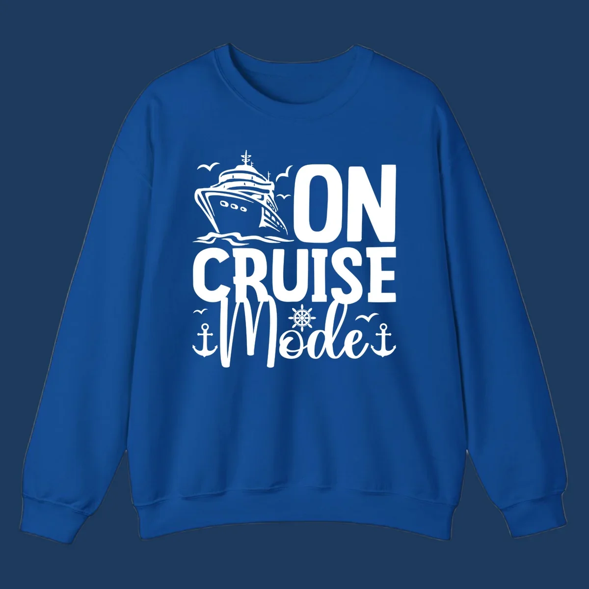 On cruise mode design featuring large text with cruise ship, waves, anchors, wheel, and seagulls in white nautical illustration