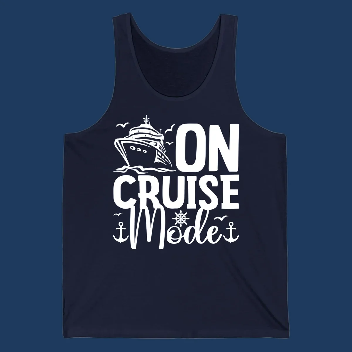 On cruise mode design featuring large text with cruise ship, waves, anchors, wheel, and seagulls in white nautical illustration