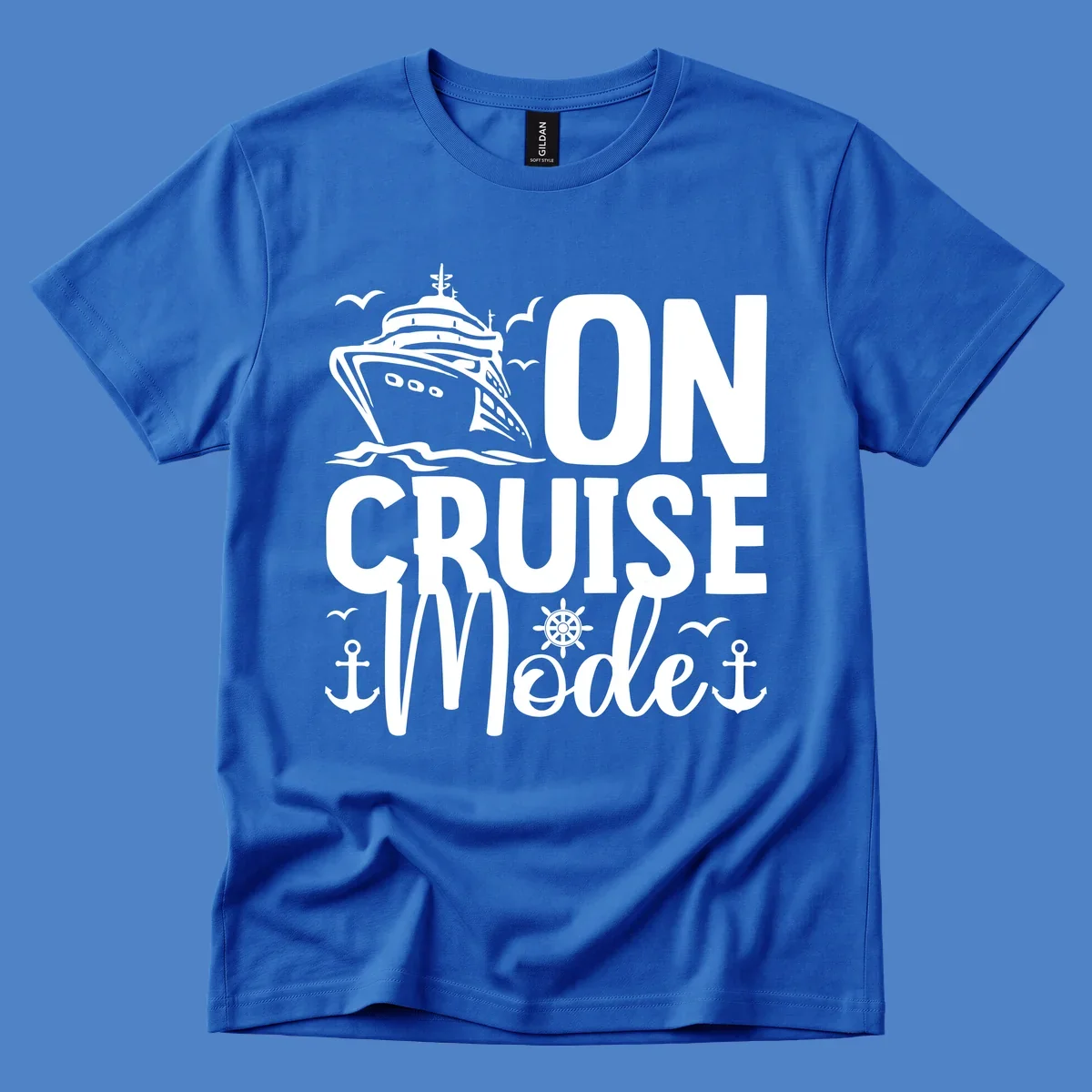 On cruise mode design featuring large text with cruise ship, waves, anchors, wheel, and seagulls in white nautical illustration