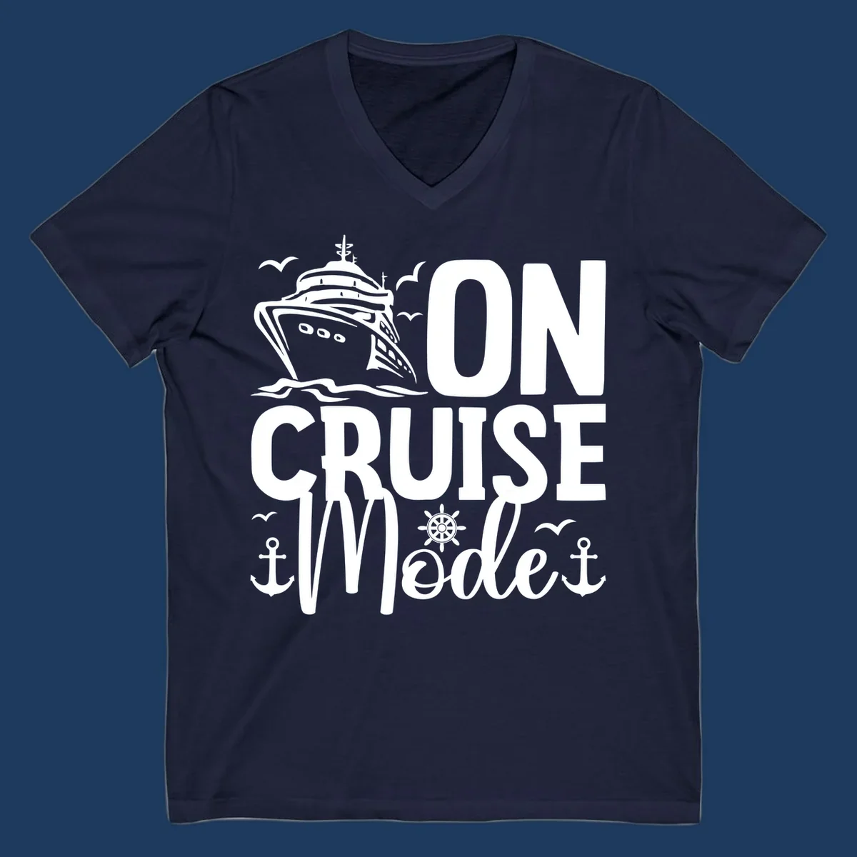 On cruise mode design featuring large text with cruise ship, waves, anchors, wheel, and seagulls in white nautical illustration