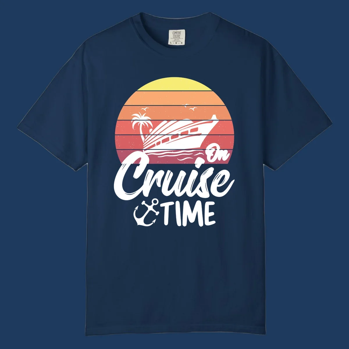 Retro cruise time sunset illustration with gradient stripes, ship, palm tree, seagulls, and anchor icon