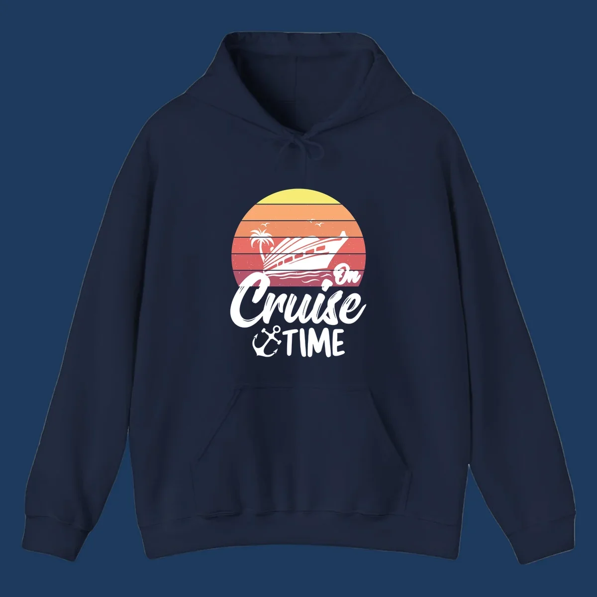Retro cruise time sunset illustration with gradient stripes, ship, palm tree, seagulls, and anchor icon