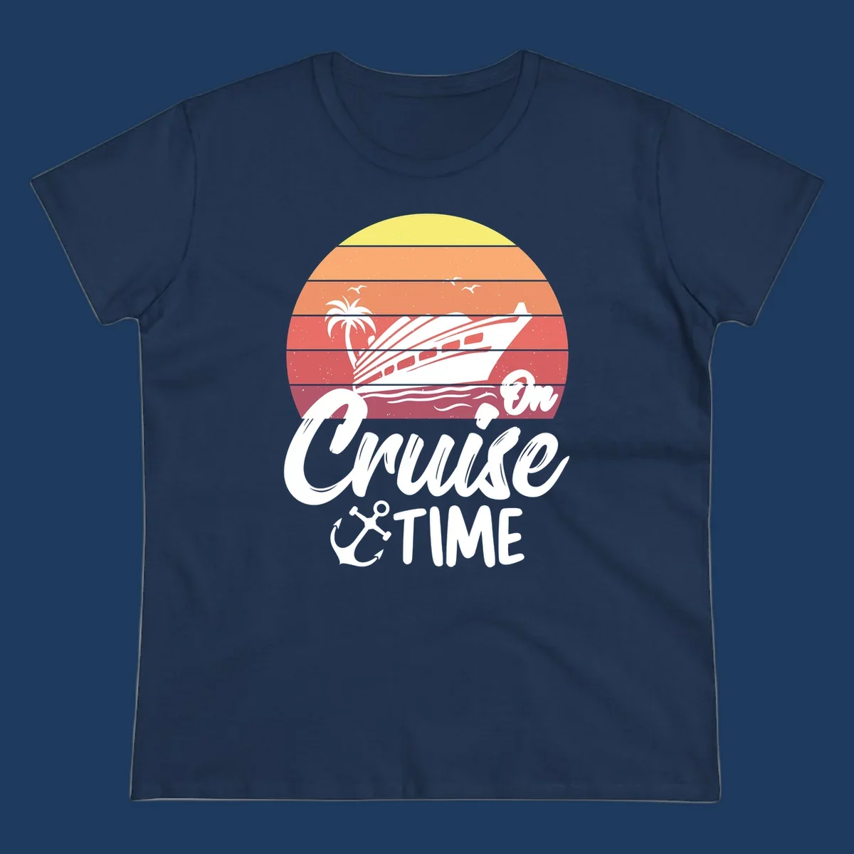 Retro cruise time sunset illustration with gradient stripes, ship, palm tree, seagulls, and anchor icon