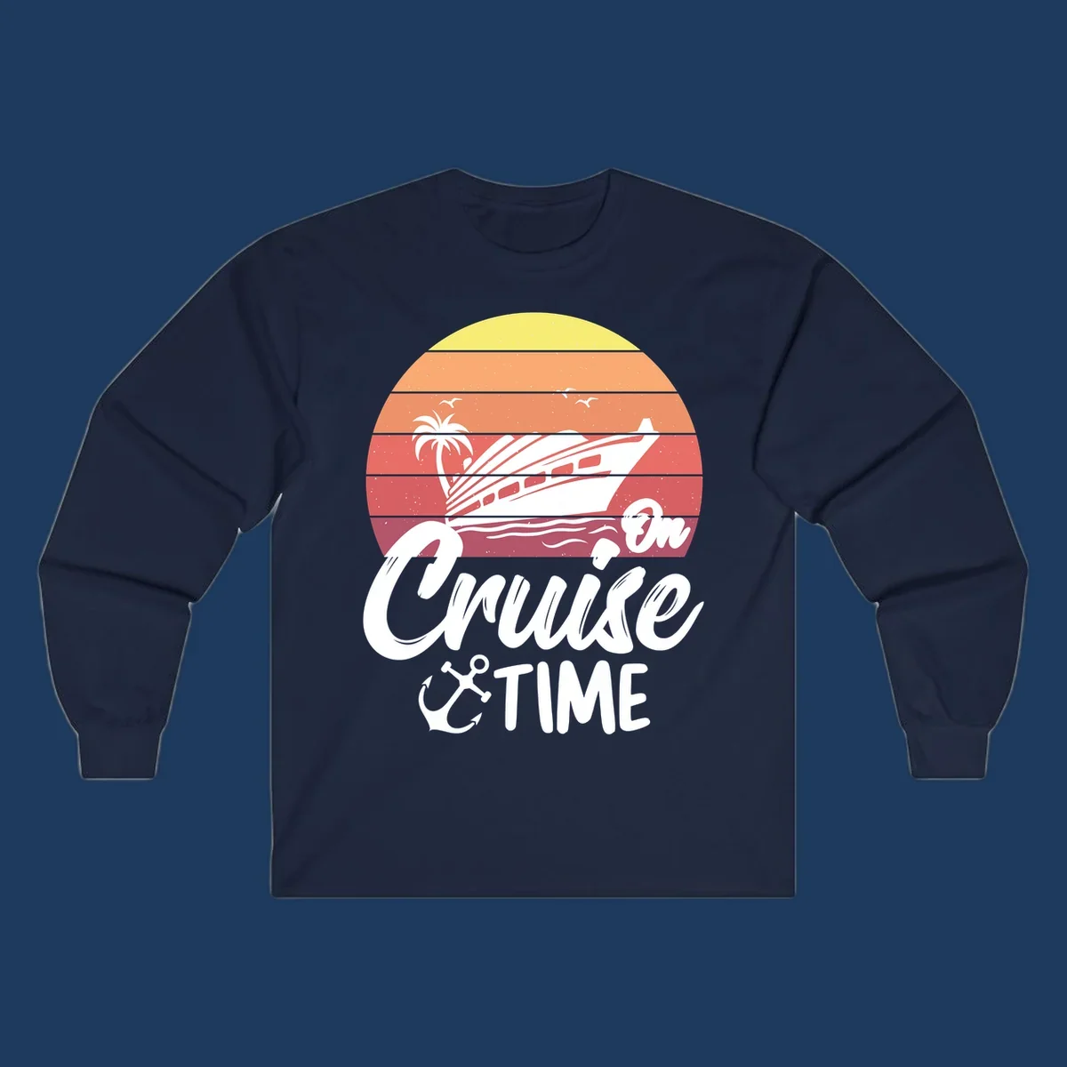 Retro cruise time sunset illustration with gradient stripes, ship, palm tree, seagulls, and anchor icon